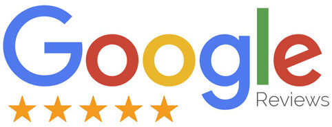 Google-Logo mit fünf goldenen Sternen, Wort "Bewertungen" in Schwarz, farbenfrohe Buchstaben.